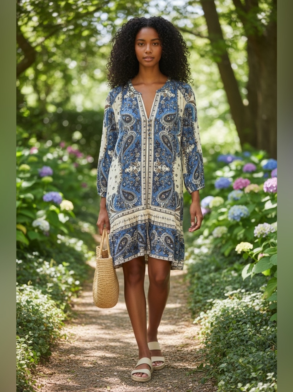 LOFT Blue and Cream Paisley V-Neck Tunic